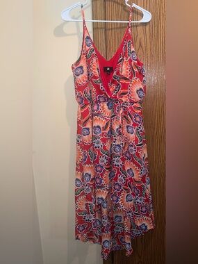 Iz Byer Red Floral Wrap Maxi Dress with Blue Accents